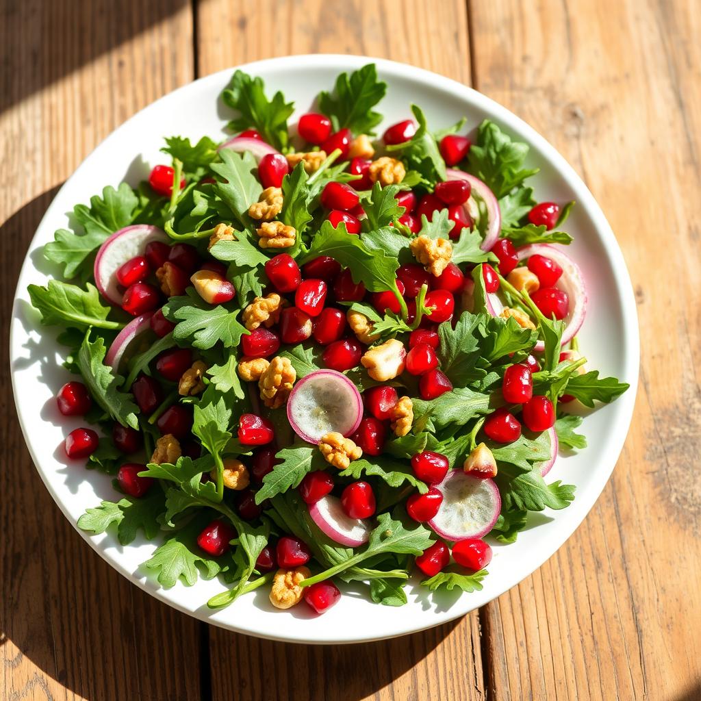 A vibrant arugula salad mixed with juicy pomegranate seeds, drizzled with a light vinaigrette, set on a rustic wooden table