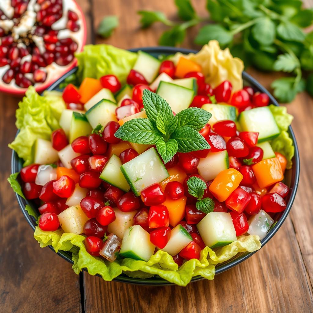 A vibrant and colorful dish of pomegranate salad, featuring fresh pomegranate seeds, crisp lettuce, diced cucumbers, and colorful bell peppers