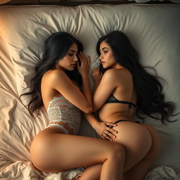 Two gorgeous young Arabic brunette twin sisters, thin and petite yet busty with big booties, wearing alluring lingerie