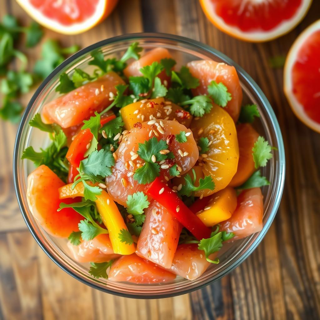A vibrant and refreshing pomelo salad presented in a clear glass bowl, featuring ripe pomelo segments, bright green arugula leaves, slices of colorful bell peppers (red, yellow, and green), and finely chopped cilantro for garnish