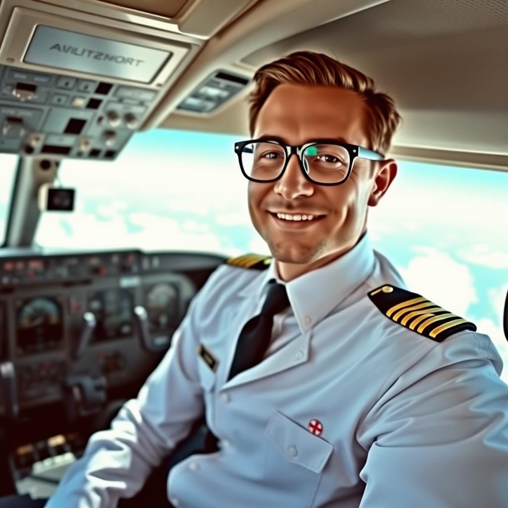 A confident pilot in a classic pilot uniform, complete with gold epaulets, sitting inside a modern aircraft cockpit