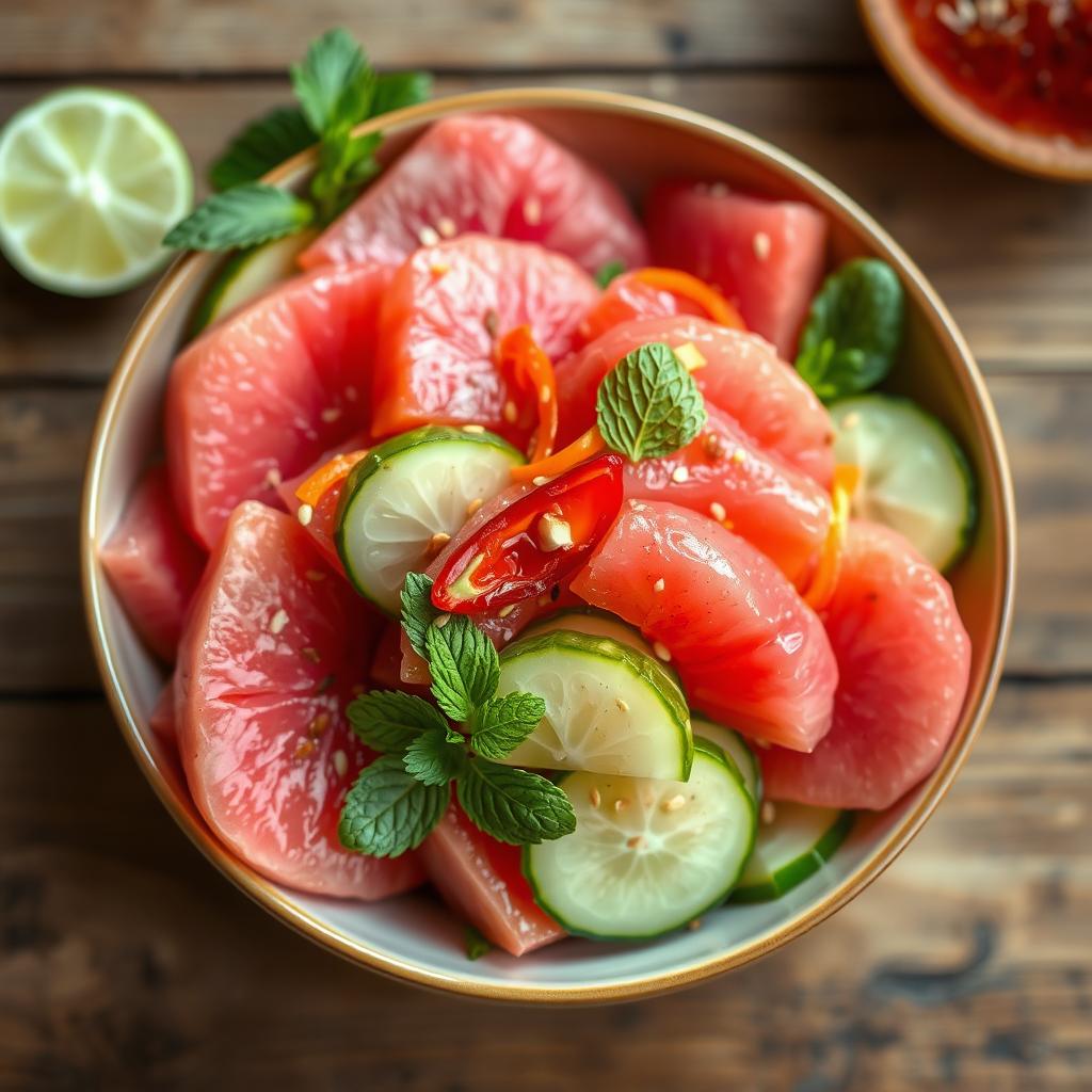 A vibrant and colorful pomelo salad, featuring large, juicy pomelo segments in various shades of pink and yellow, mixed with crunchy cucumber slices, fragrant mint leaves, and top with a drizzle of tangy lime dressing