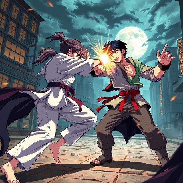 An exhilarating scene depicting an anime karate girl and a boy in a green shirt and light pants engaged in an intense fight against a very strong villain boy who is half vampire
