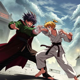 An exhilarating scene depicting an anime karate girl and a boy in a green shirt and light pants engaged in an intense fight against a very strong villain boy who is half vampire