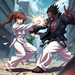 An exhilarating scene depicting an anime karate girl and a boy in a green shirt and light pants engaged in an intense fight against a very strong villain boy who is half vampire