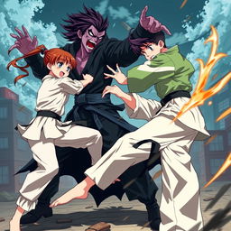 An exhilarating scene depicting an anime karate girl and a boy in a green shirt and light pants engaged in an intense fight against a very strong villain boy who is half vampire