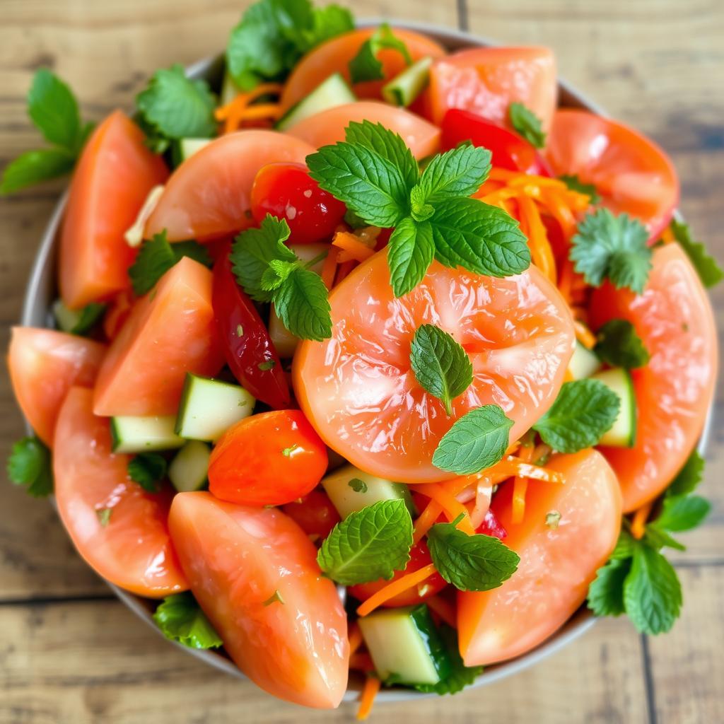 A vibrant and fresh pomelo salad featuring juicy pomelo segments, mixed with colorful vegetables like red bell peppers, cucumbers, and shredded carrots