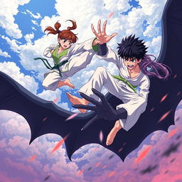An exhilarating anime scene depicting a karate girl and a boy dressed in a green shirt and light pants soaring through the sky as they unleash a flurry of powerful martial arts attacks on a vampire