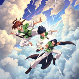 An exhilarating anime scene depicting a karate girl and a boy dressed in a green shirt and light pants soaring through the sky as they unleash a flurry of powerful martial arts attacks on a vampire