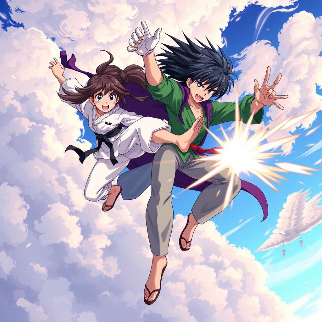 An exhilarating anime scene depicting a karate girl and a boy dressed in a green shirt and light pants soaring through the sky as they unleash a flurry of powerful martial arts attacks on a vampire