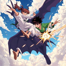 An exhilarating anime scene depicting a karate girl and a boy dressed in a green shirt and light pants soaring through the sky as they unleash a flurry of powerful martial arts attacks on a vampire