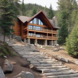 A picturesque two-storey retreat camp administration building nestled on a mountain slope featuring two offices, three residential bedrooms, a kitchen, a grand dining hall for 80 people, and a community gathering area emphasized by a central, warm fireplace.