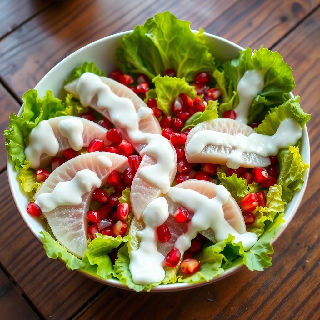 A vibrant and fresh salad featuring white pomelo segments, crisp lettuce leaves, and bright red pomegranate seeds, all drizzled with a creamy white sauce
