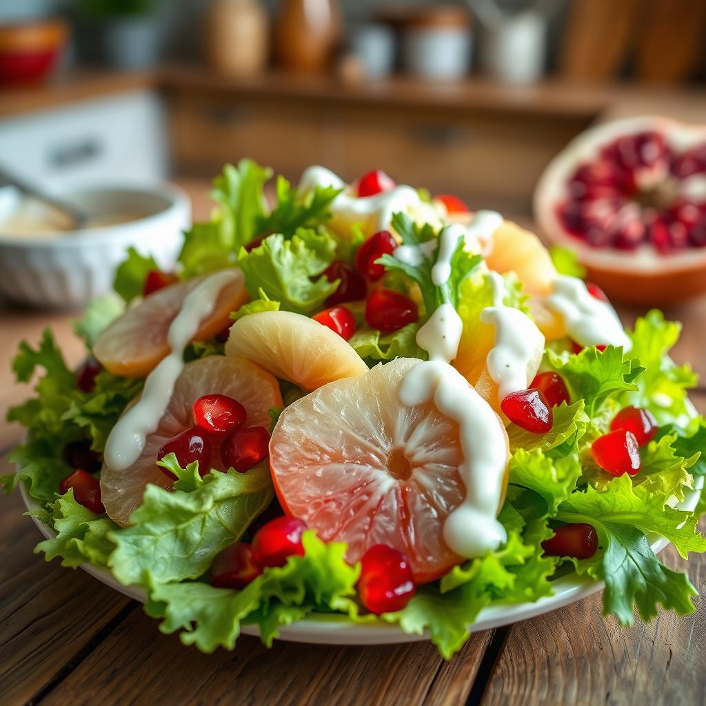 A vibrant and refreshing salad featuring bright white pomelo segments mixed with crisp green lettuce and jewel-like pomegranate seeds, all drizzled with a creamy white sauce