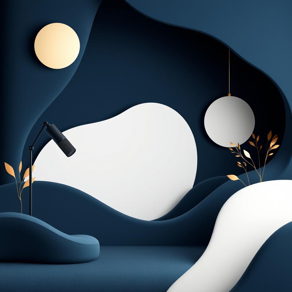 A serene and elegant podcast studio background featuring soft, organic shapes and no sharp angles