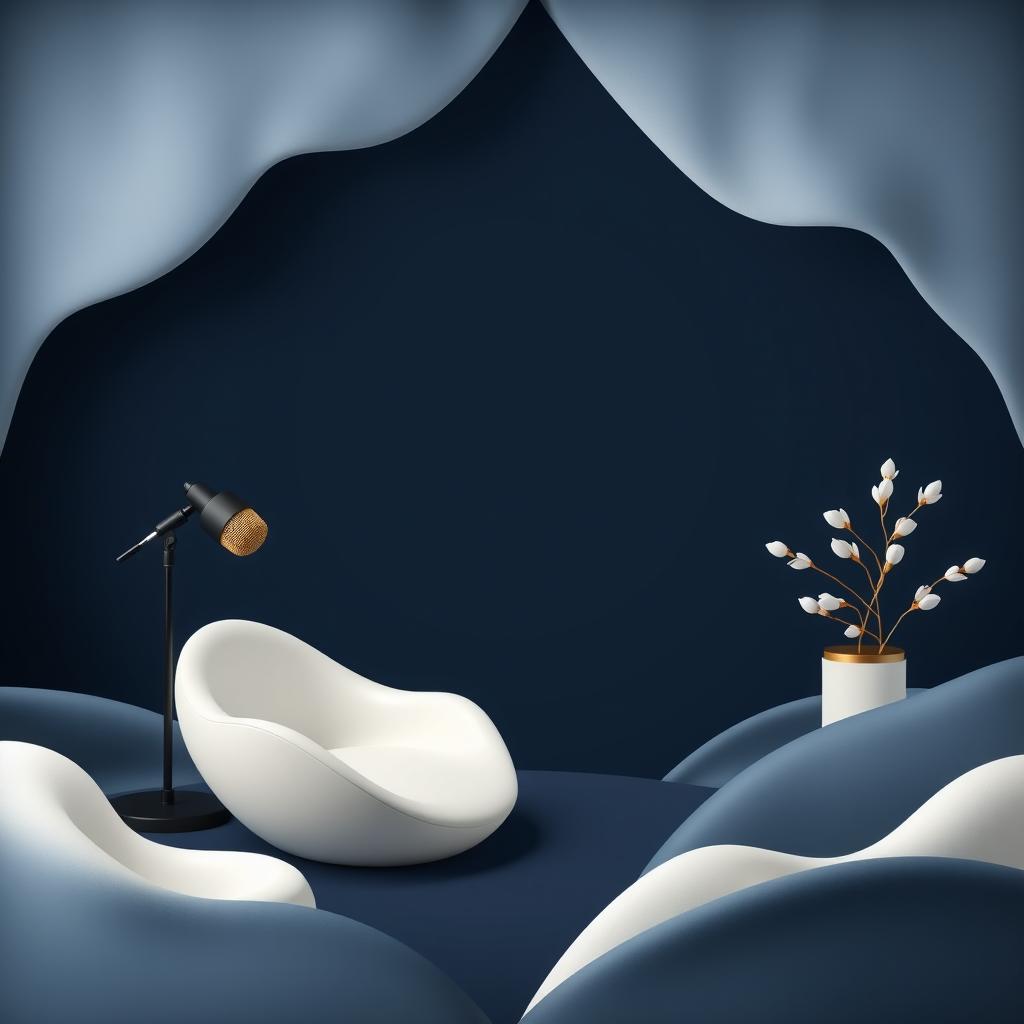 A serene and elegant podcast studio background featuring soft, organic shapes and no sharp angles