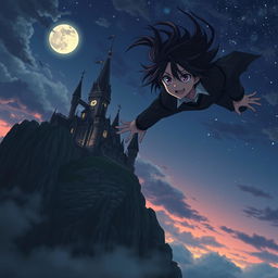 A captivating anime scene featuring a vampire boy soaring through the sky towards a majestic castle