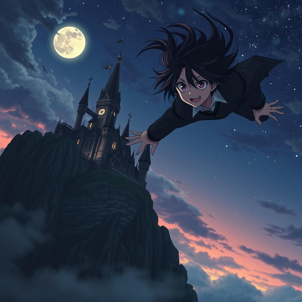 A captivating anime scene featuring a vampire boy soaring through the sky towards a majestic castle