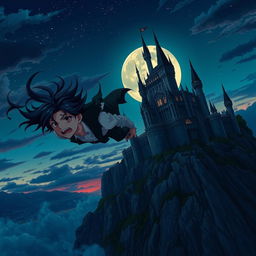 A captivating anime scene featuring a vampire boy soaring through the sky towards a majestic castle