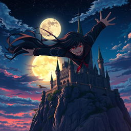 A captivating anime scene featuring a vampire boy soaring through the sky towards a majestic castle