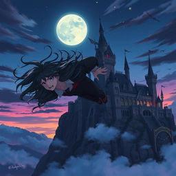 A captivating anime scene featuring a vampire boy soaring through the sky towards a majestic castle