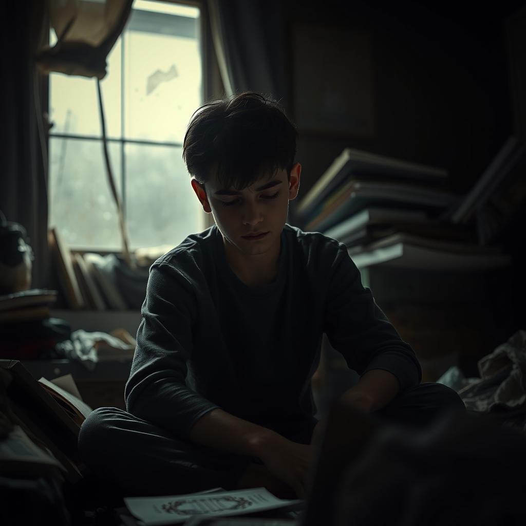 A 21-year-old sad boy sitting in a dark and cluttered room, with dim light filtering through a dirty window
