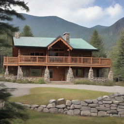 A picturesque two-storey retreat camp administration building nestled on a mountain slope featuring two offices, three residential bedrooms, a kitchen, a grand dining hall for 80 people, and a community gathering area emphasized by a central, warm fireplace.