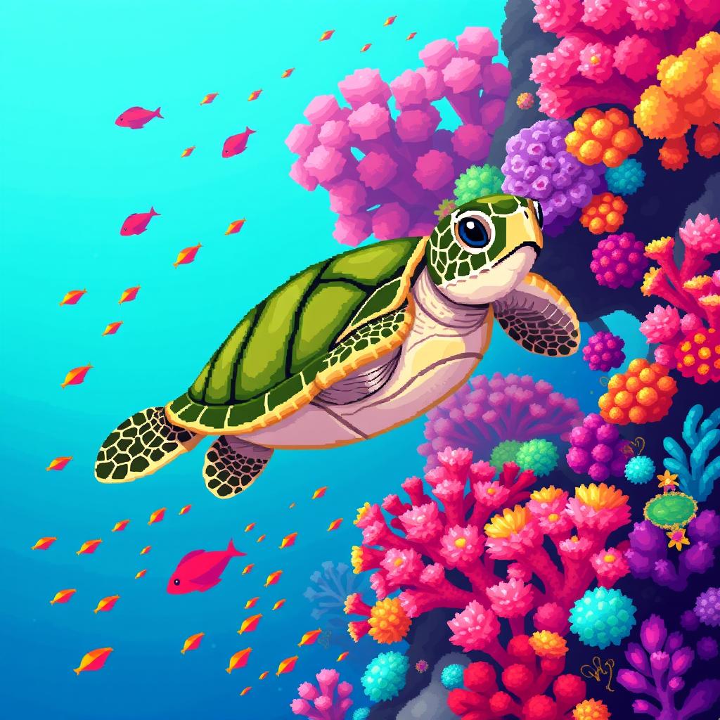 A vibrant pixel art representation of a sea turtle swimming gracefully through a colorful coral reef