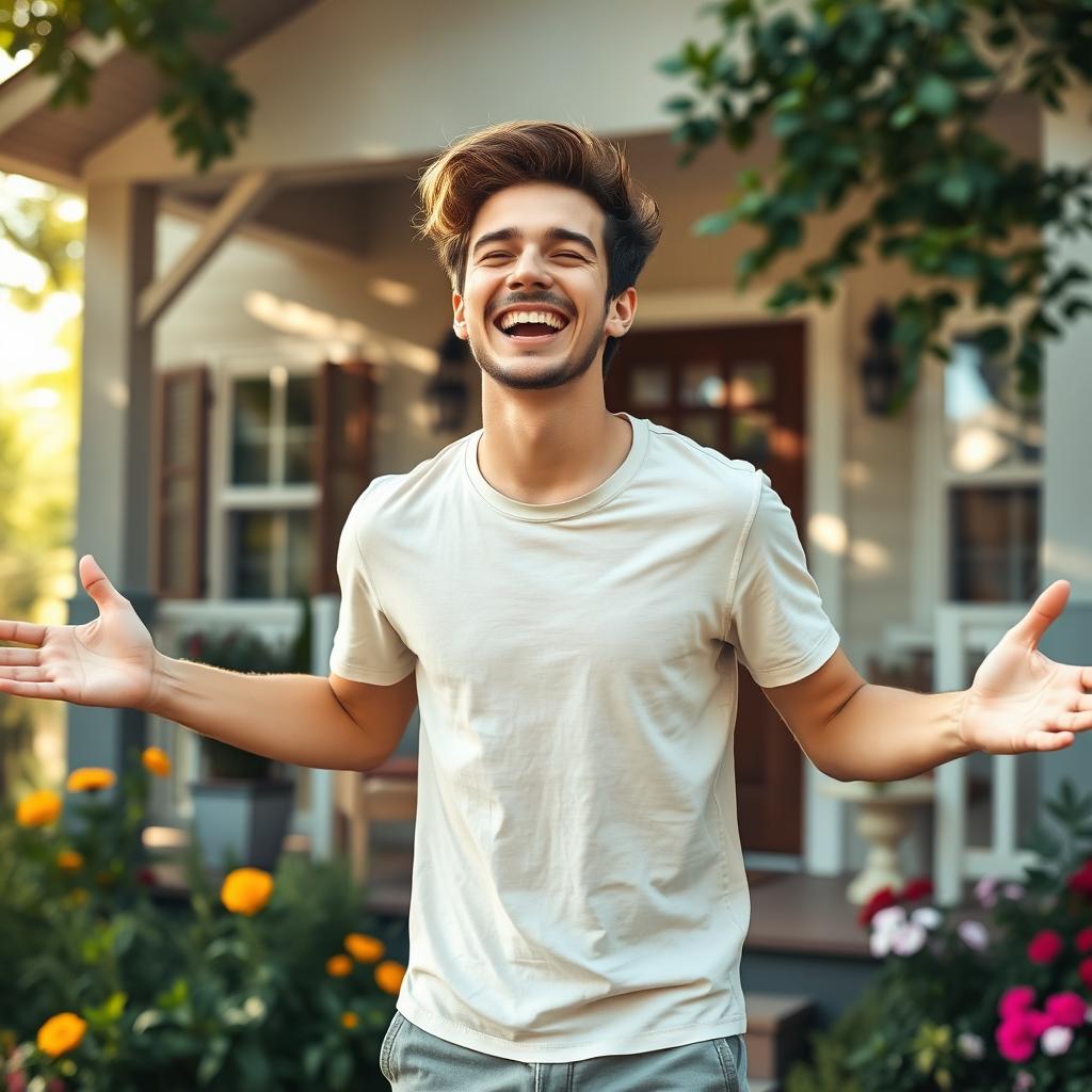 A joyful 21-year-old man laughing outside of a home