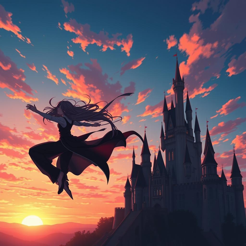 A stunning anime scene depicting a vampire boy flying gracefully towards a captivating castle during sunset