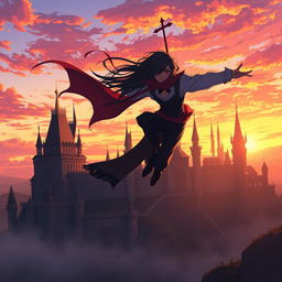 A stunning anime scene depicting a vampire boy flying gracefully towards a captivating castle during sunset