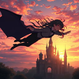A stunning anime scene depicting a vampire boy flying gracefully towards a captivating castle during sunset