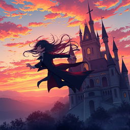 A stunning anime scene depicting a vampire boy flying gracefully towards a captivating castle during sunset
