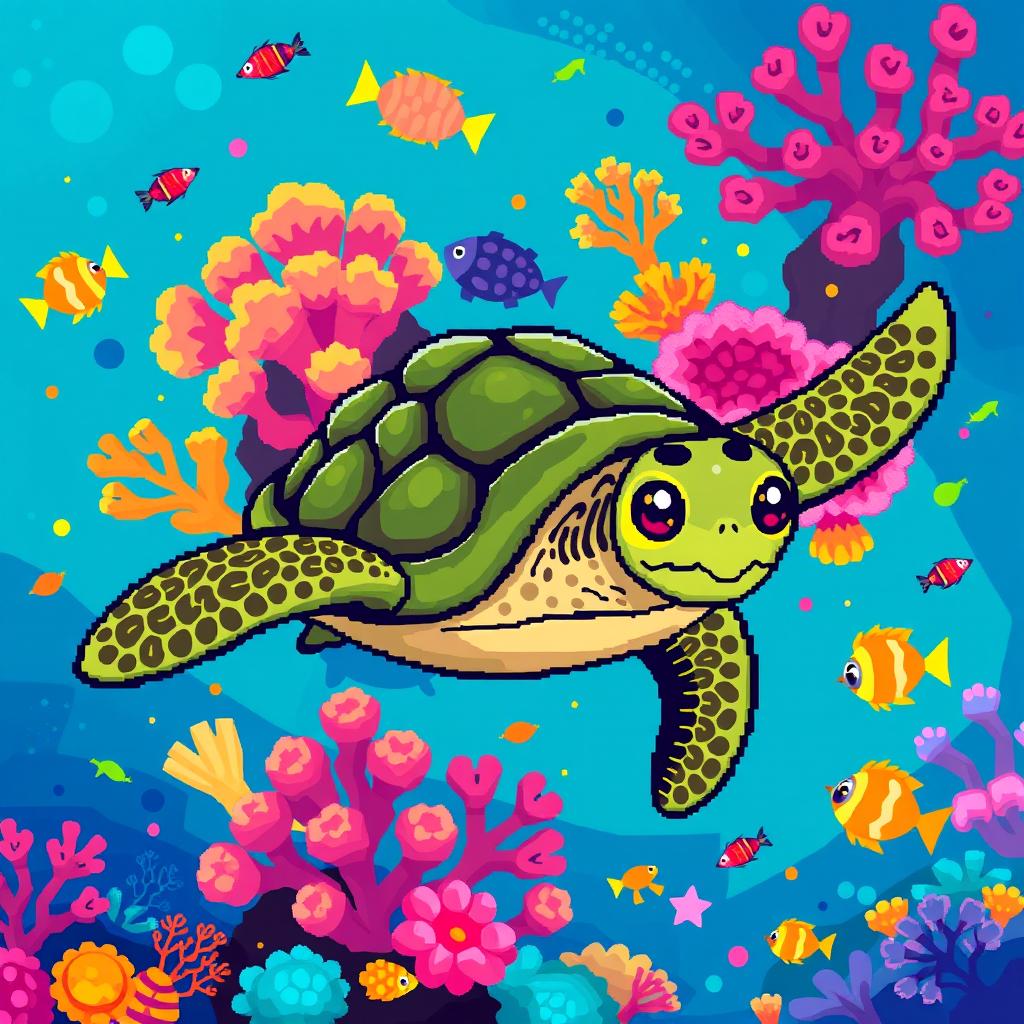 A colorful pixel art depiction of a sea turtle swimming through a vibrant coral reef filled with various marine life