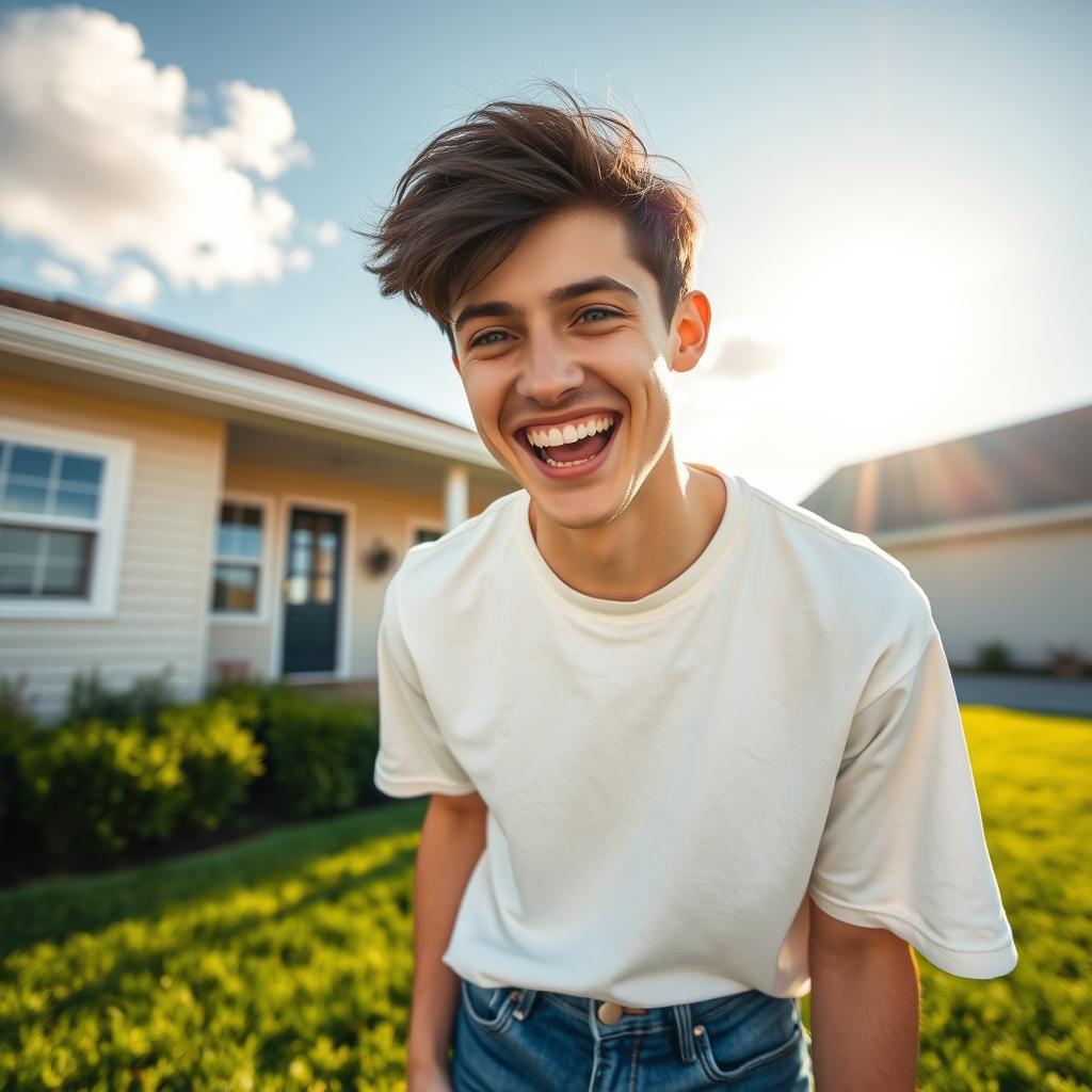 A joyful 21-year-old man laughing heartily outside his home