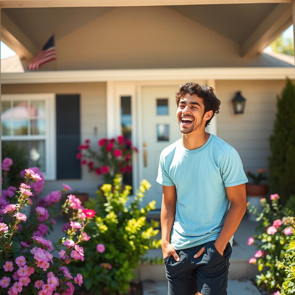A joyful 21-year-old man laughing heartily outside his home