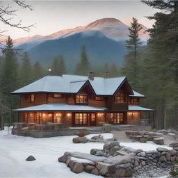 A picturesque two-storey retreat camp administration building nestled on a mountain slope featuring two offices, three residential bedrooms, a kitchen, a grand dining hall for 80 people, and a community gathering area emphasized by a central, warm fireplace.