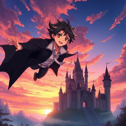 A captivating anime scene featuring a teenage vampire boy flying gracefully towards an enchanting castle during sunset