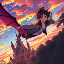 A captivating anime scene featuring a teenage vampire boy flying gracefully towards an enchanting castle during sunset