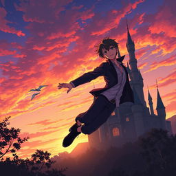 A captivating anime scene featuring a teenage vampire boy flying gracefully towards an enchanting castle during sunset