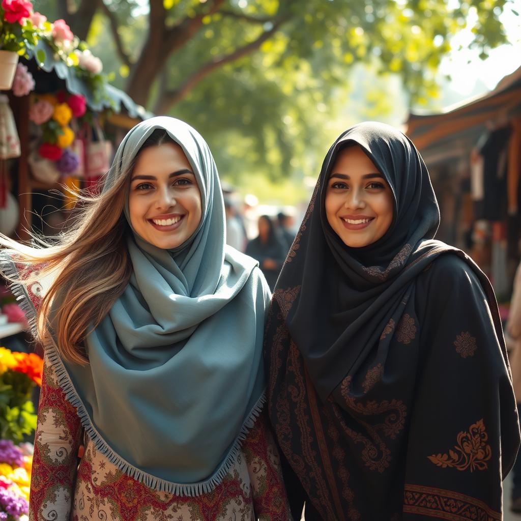 A beautiful scene capturing two women wearing hijabs, showcasing a variety of elegant and colorful hijabs