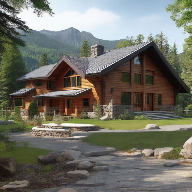 A picturesque two-storey retreat camp administration building nestled on a mountain slope featuring two offices, three residential bedrooms, a kitchen, a grand dining hall for 80 people, and a community gathering area emphasized by a central, warm fireplace.