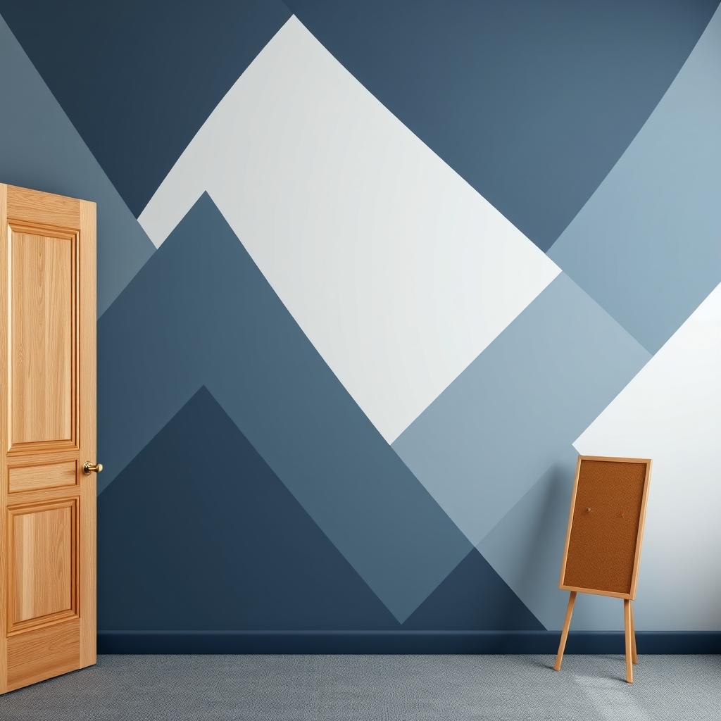 A simple and focused background decor for a podcast set, featuring soft rhombus shapes in dark blue, white, and gold colors
