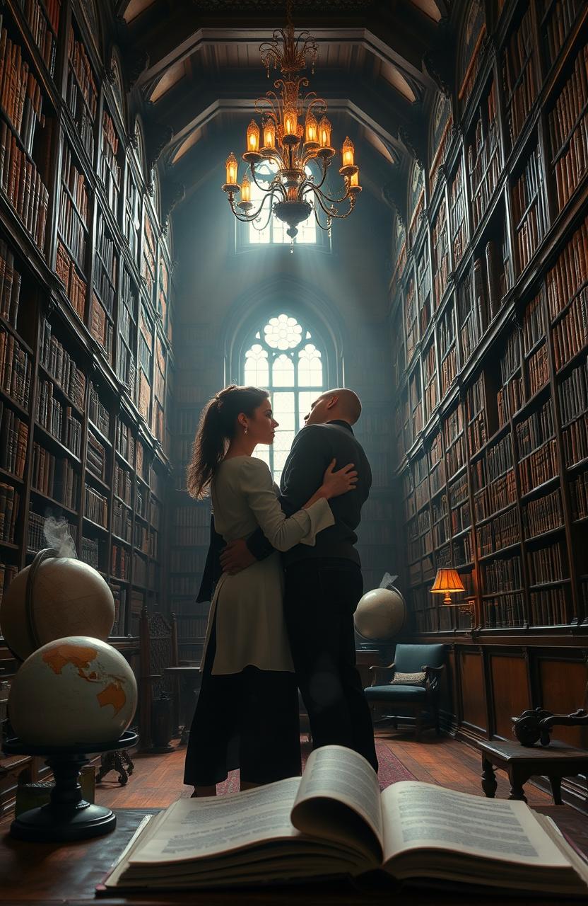 A romantic mystery scene set in a grand, old library filled with towering shelves of books