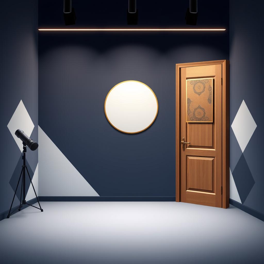 A serene and elegant background decor for a podcast studio, designed in landscape orientation (16:9)