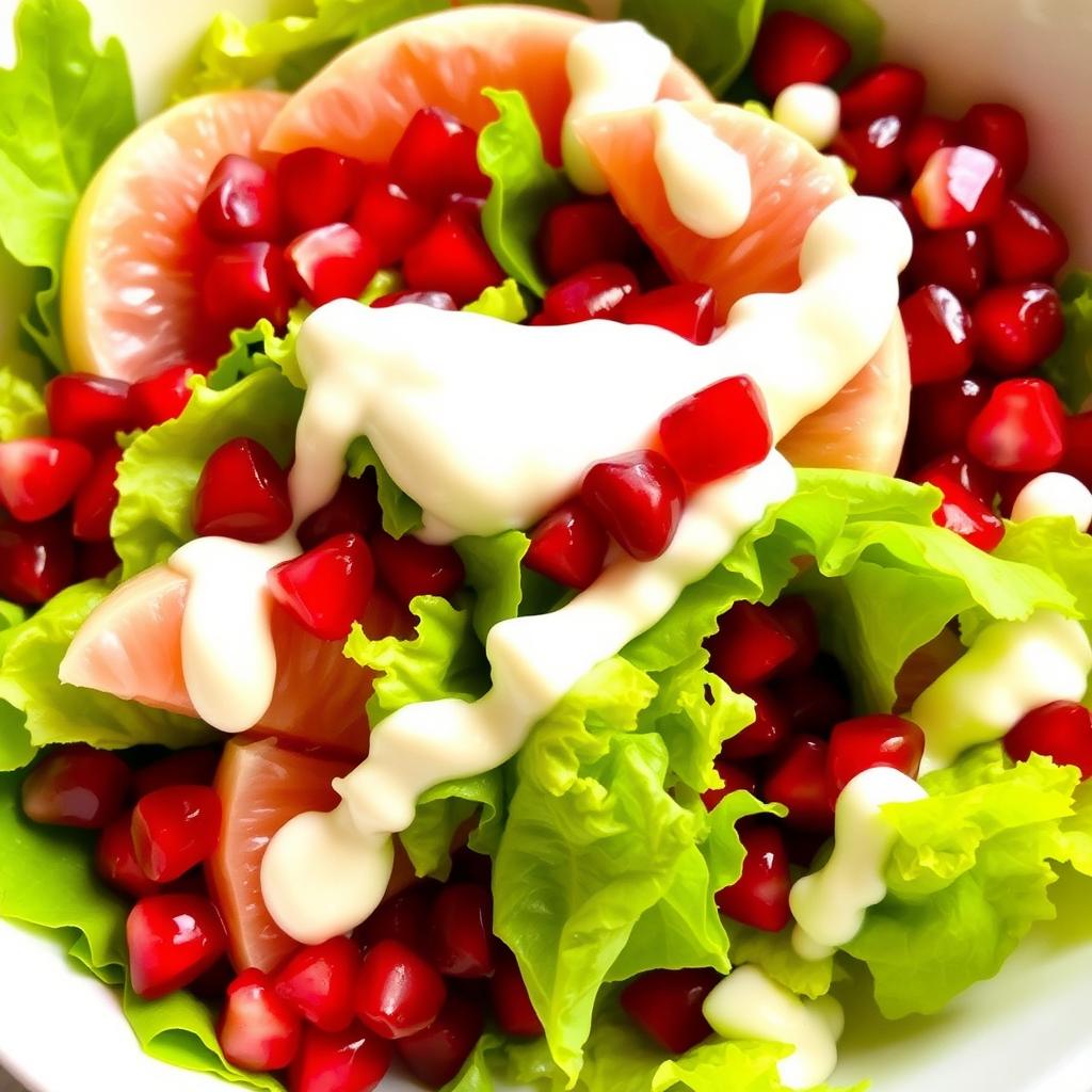 A vibrant and refreshing salad composition featuring bright white pomelo segments, crisp green lettuce leaves, and ruby-red pomegranate seeds, all artfully arranged and generously drizzled with a creamy white sauce