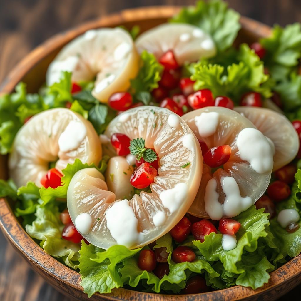 A vibrant and refreshing salad featuring juicy white pomelo segments, crisp green lettuce leaves, and bright red pomegranate seeds, all beautifully combined in a creamy white dressing
