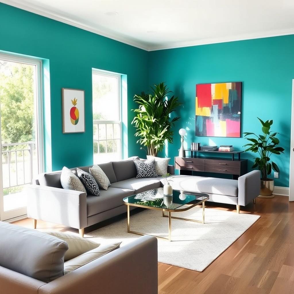 A modern interior room with stylish furniture, featuring newly painted vibrant teal walls that immediately catch the eye