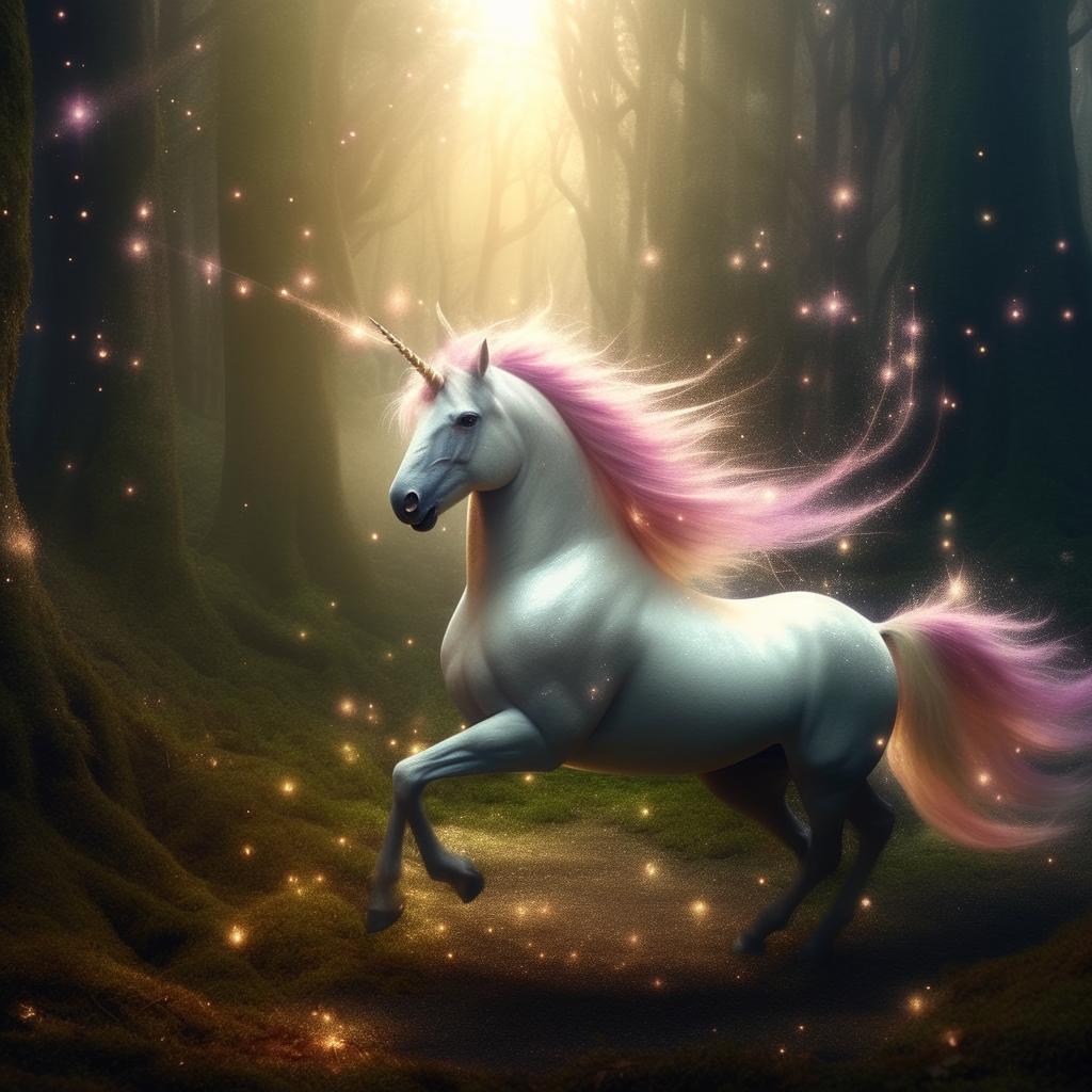 A unicorn prancing in a magical forest with sparkles trailing from its mane