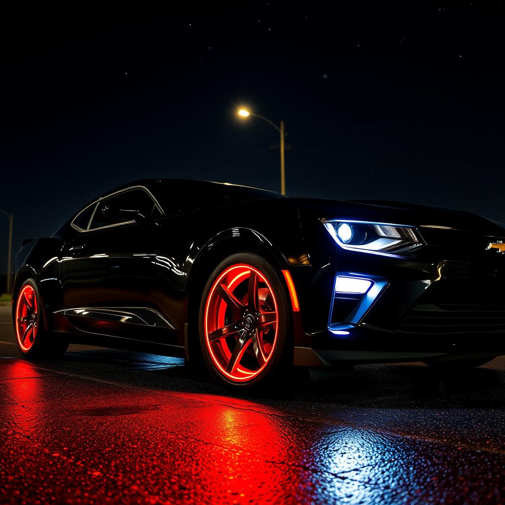 A sleek black Chevrolet Camaro SS at night, showcasing its dynamic, aggressive design